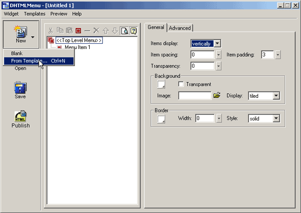 หน้าตาของโปรแกรม DHTMLMenu
